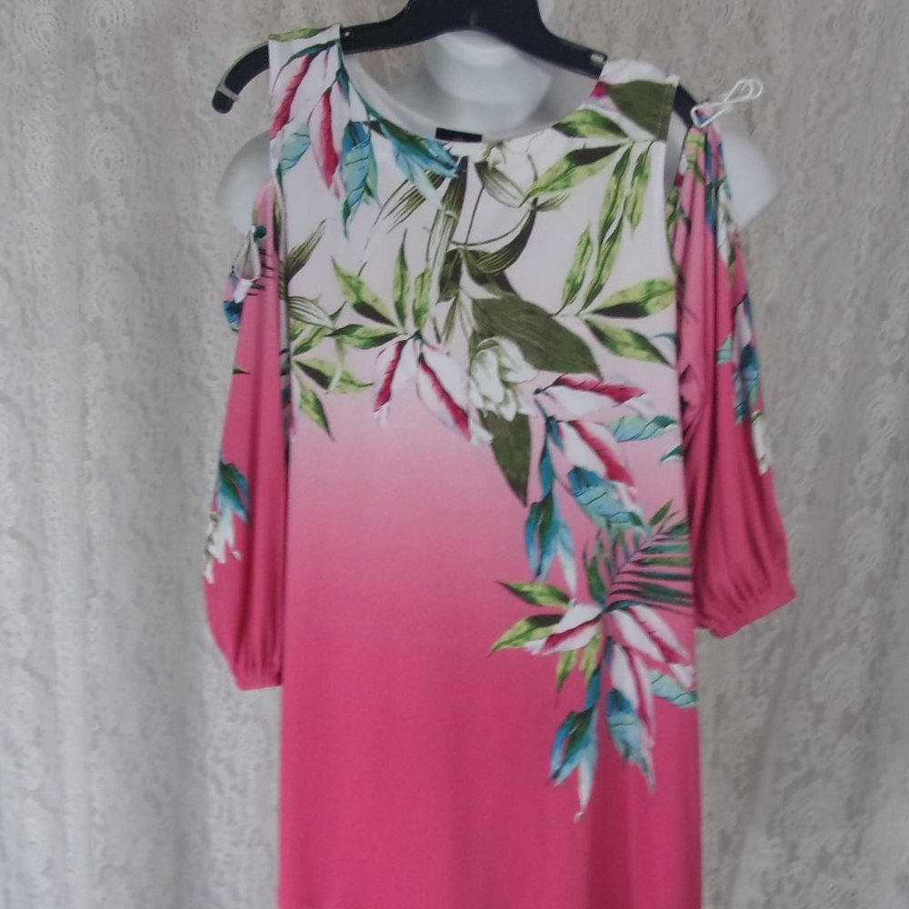 JM Collection Cold Shoulder Floral Pink White Blouse Top Size Large NWOT